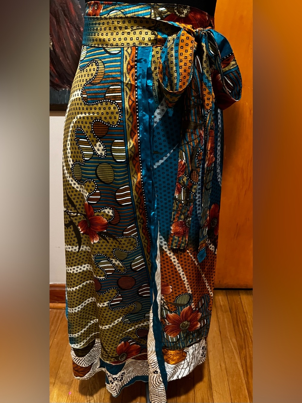 EARTHBOUND Teal, Mustard & Rust Floral Patchwork Maxi wrap Skirt, silk.